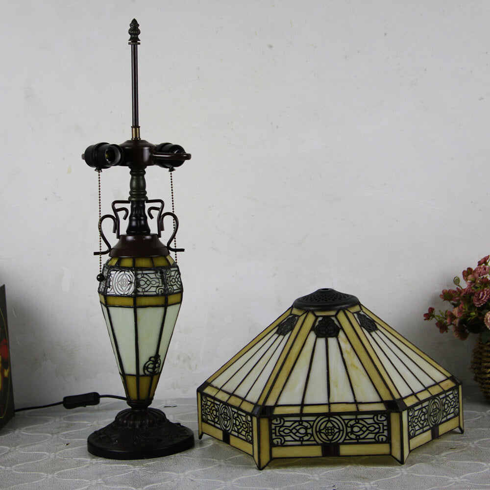 European Tiffany Stained Glass Hexagonal Dome Pull Cord 2-Light Table Lamp