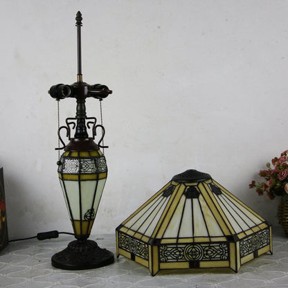 European Tiffany Stained Glass Hexagonal Dome Pull Cord 2-Light Table Lamp