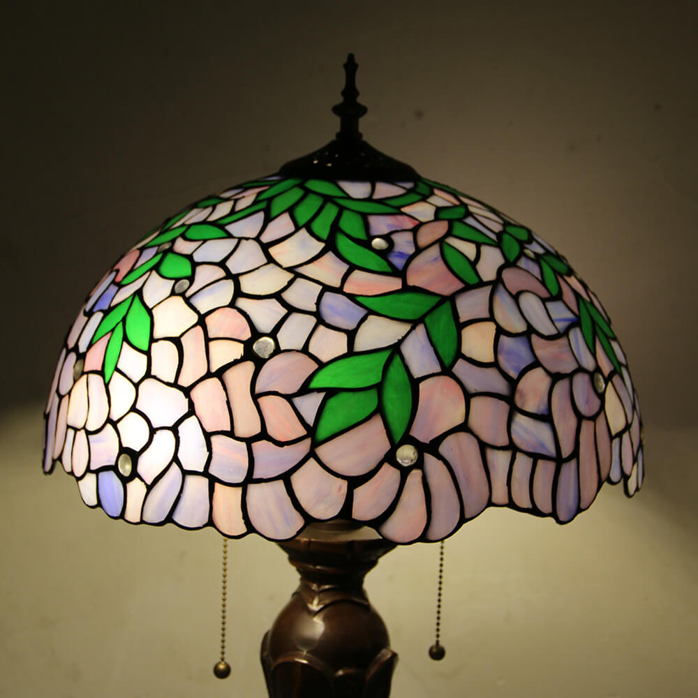 Tiffany European Retro Flowers Stained Glass Pull Cord 1-Light Table Lamp