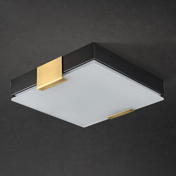 Traditional Chinese Square Marble Shade Brass Frame LED Flush Mount Ceiling Light For Living Room