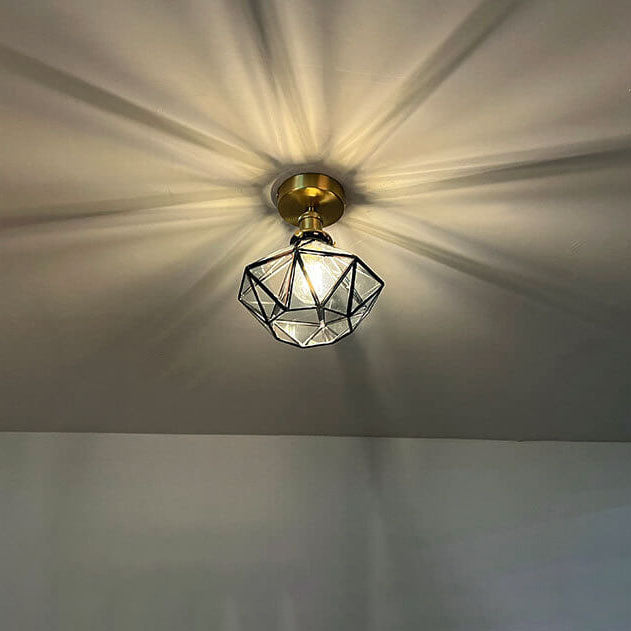 Modern Brass Glass Diamond 1-Light Semi-Flush Mount Ceiling Light