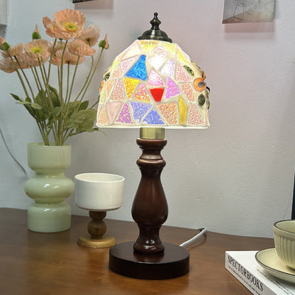 Traditional Vintage Wood Glass Hemispheroid Shell Lozenge 1-Light Table Lamp For Bedside