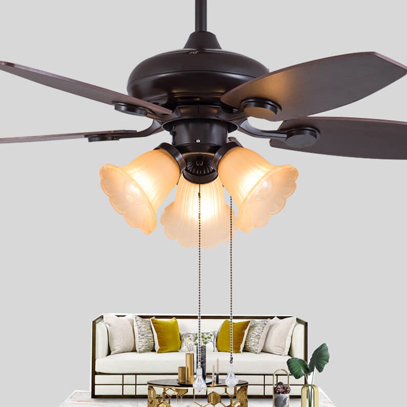 European Vintage Bell Shade Downrods Ceiling Fan Light