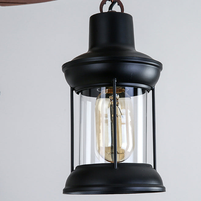 Traditional Japanese Wood Double Moon Design Iron Glass Bottle Shade 4-Light Island Light Chandelier For Dining Room