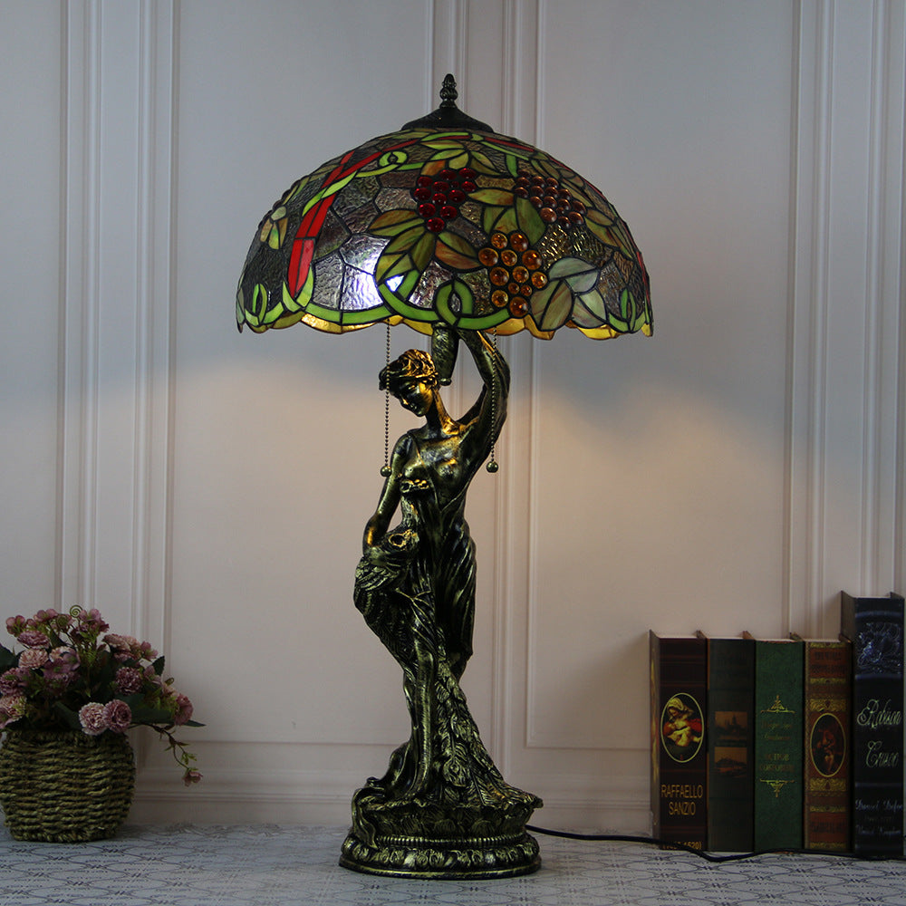 Traditional Tiffany Resin Glass Dome Grape Cow Diamond Pretty Woman Base 2-Light Table Lamp For Bedside