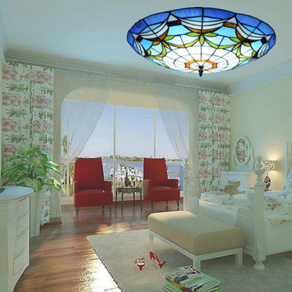 European Stained Glass Tiffany Round Various Pattern Designs 2/3 Light Flush Mount Light