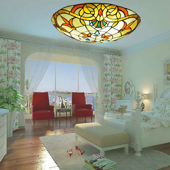 European Tiffany Baroque Round Stained Glass 2/3/4 Light Flush Mount Ceiling Light