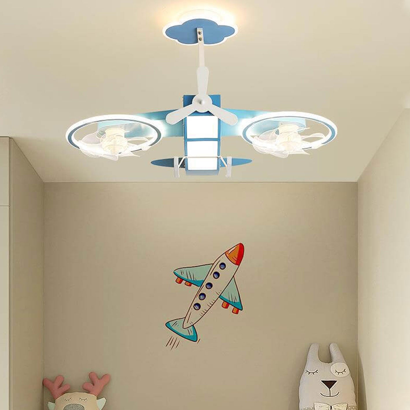 Creative Cartoon Aircraft Kids Flush Mount Ceiling Fan Light