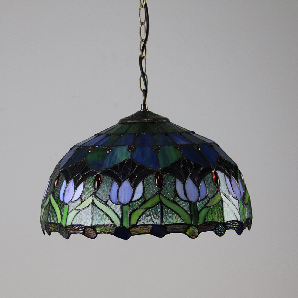 Traditional Tiffany Round Leaf Tulip Hardware Stained Glass 1 Light Chandelier For Living Room