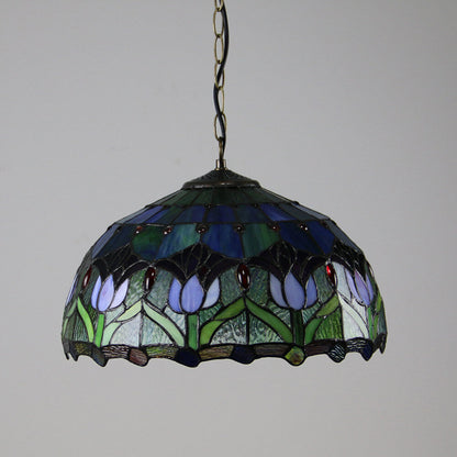 Traditional Tiffany Round Leaf Tulip Hardware Stained Glass 1 Light Chandelier For Living Room