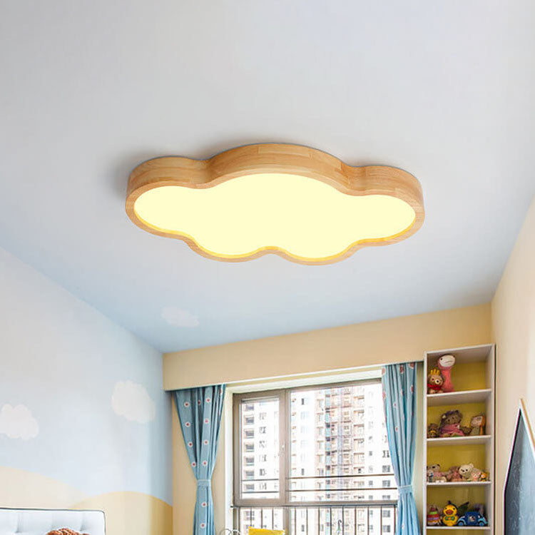Scandinavian Modern Minimalist Clouds Stars Rubber Wood Acrylic LED Flush Mount Ceiling Light