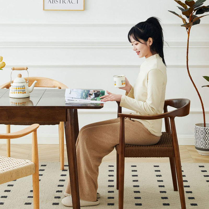 Traditional Vintage Braided Rope Wood Legs Square Dining Chair Backrest Armrest For Dining Room