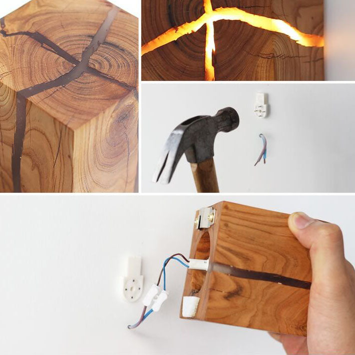 Creative Cracked Solid Wood Square 1-Light Wall Sconce Lamps