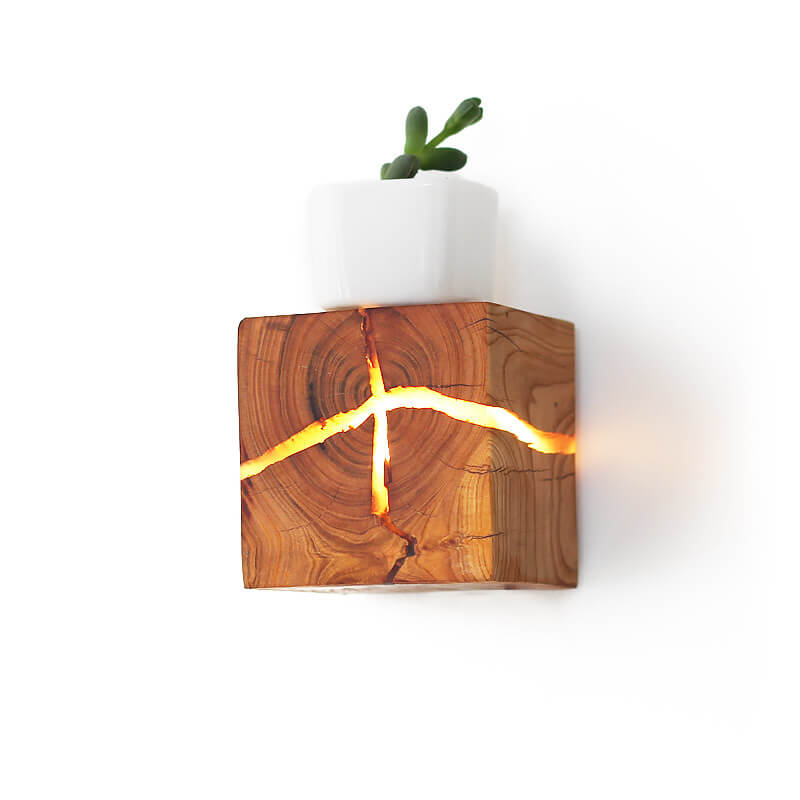Creative Cracked Solid Wood Square 1-Light Wall Sconce Lamps
