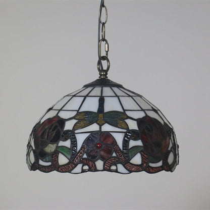 Tiffany Vintage Butterfly Stained Glass Dome 1-Light Pendant Light