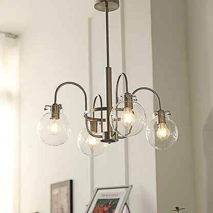 Contemporary Nordic Branch Curved Rod Round Globe Iron Glass 4/5 Light Chandelier For Living Room