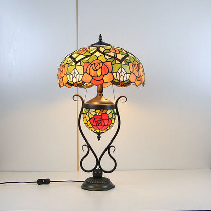 Tiffany European Vintage Floral Stained Glass Round Pot 3-Light Table Lamp
