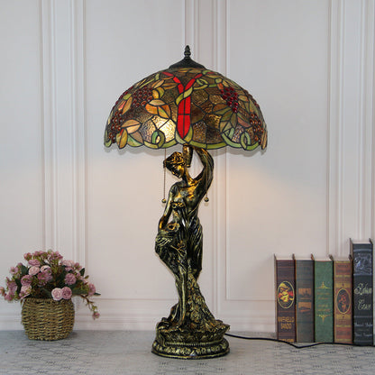 Traditional Tiffany Resin Glass Dome Grape Cow Diamond Pretty Woman Base 2-Light Table Lamp For Bedside