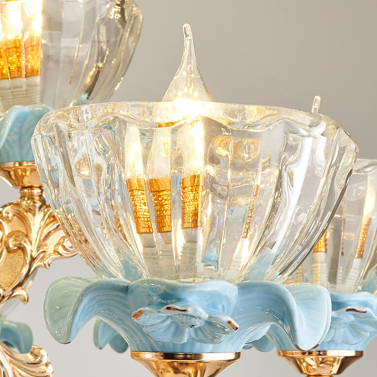 Traditional European Flower Candelabra Zinc Alloy Crystal Glass Ceramic 6/8/10/12 Light Chandelier For Living Room