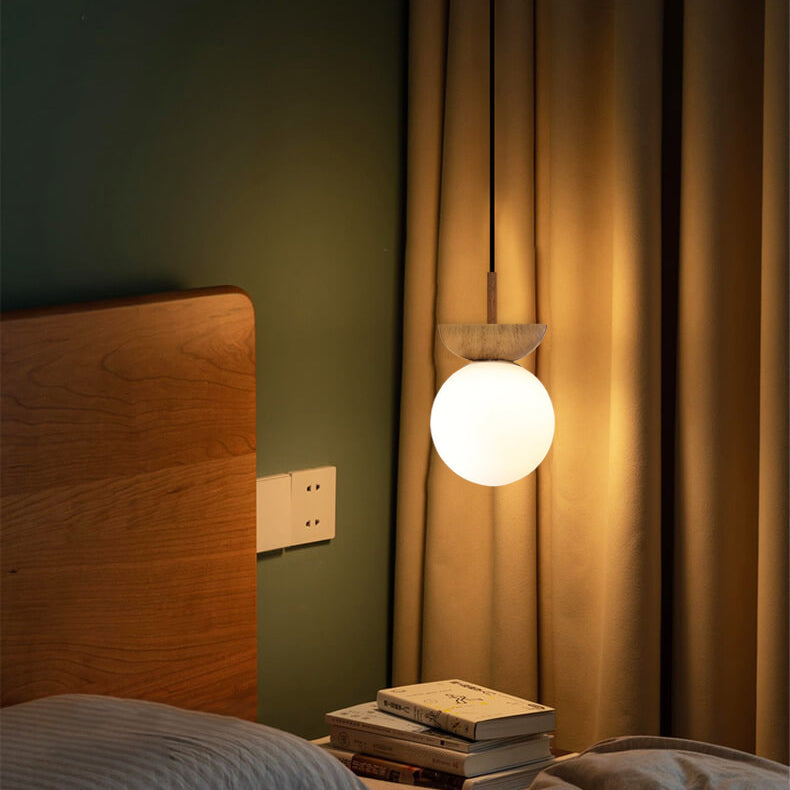Nordic Japanese Glass Orb Wood Grain Iron 1-Light Ceiling Light