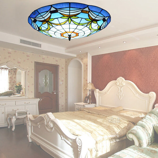 European Stained Glass Tiffany Round Various Pattern Designs 2/3 Light Flush Mount Light