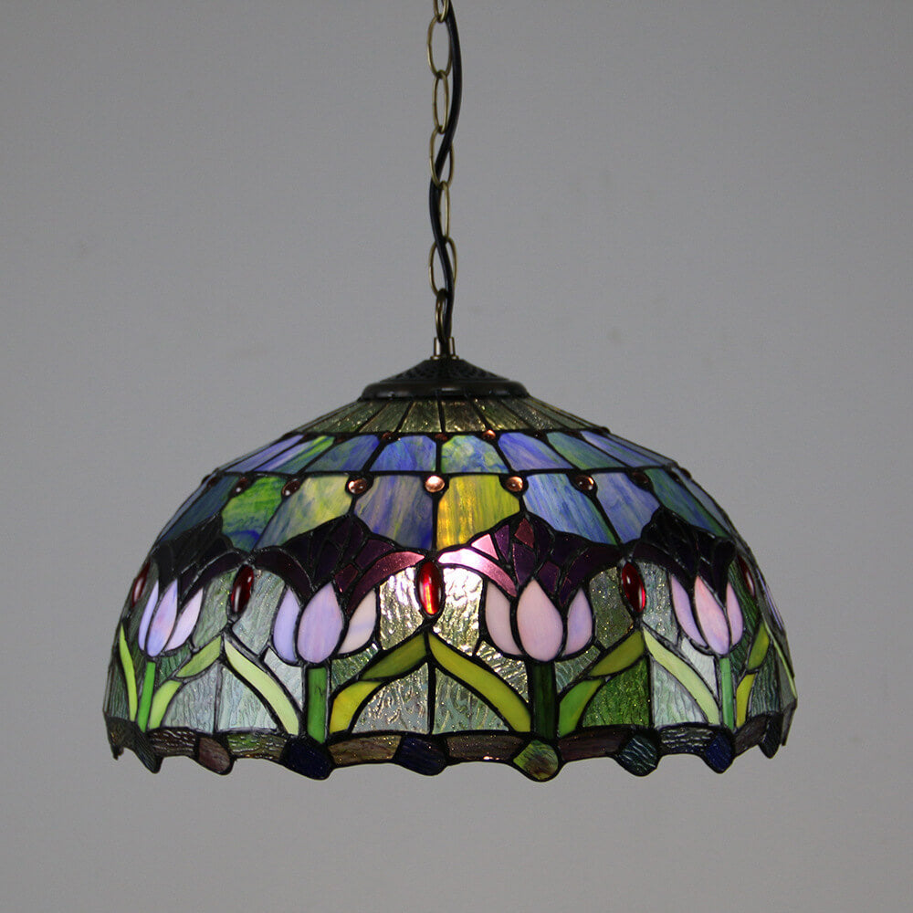Traditional Tiffany Round Leaf Tulip Hardware Stained Glass 1 Light Chandelier For Living Room
