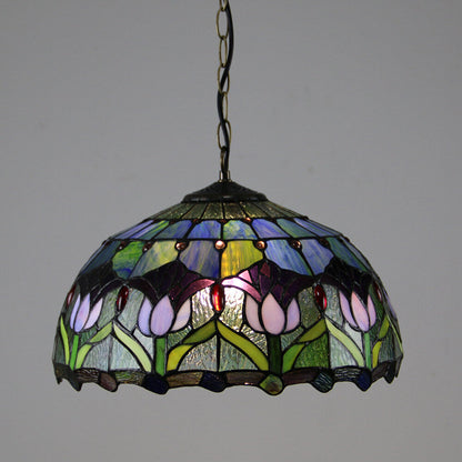 Traditional Tiffany Round Leaf Tulip Hardware Stained Glass 1 Light Chandelier For Living Room