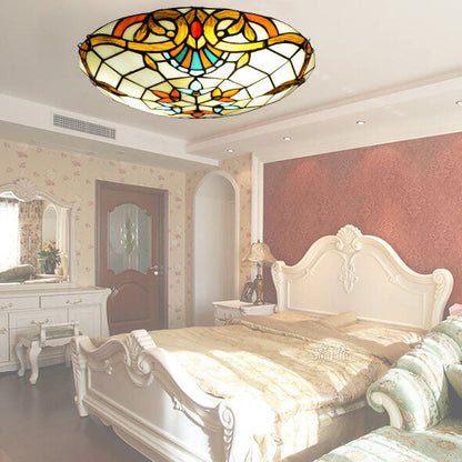 European Tiffany Baroque Round Stained Glass 2/3/4 Light Flush Mount Ceiling Light