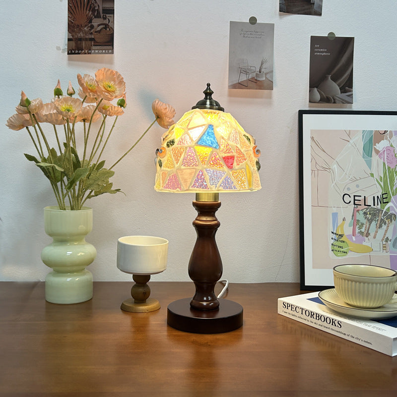 Traditional Vintage Wood Glass Hemispheroid Shell Lozenge 1-Light Table Lamp For Bedside
