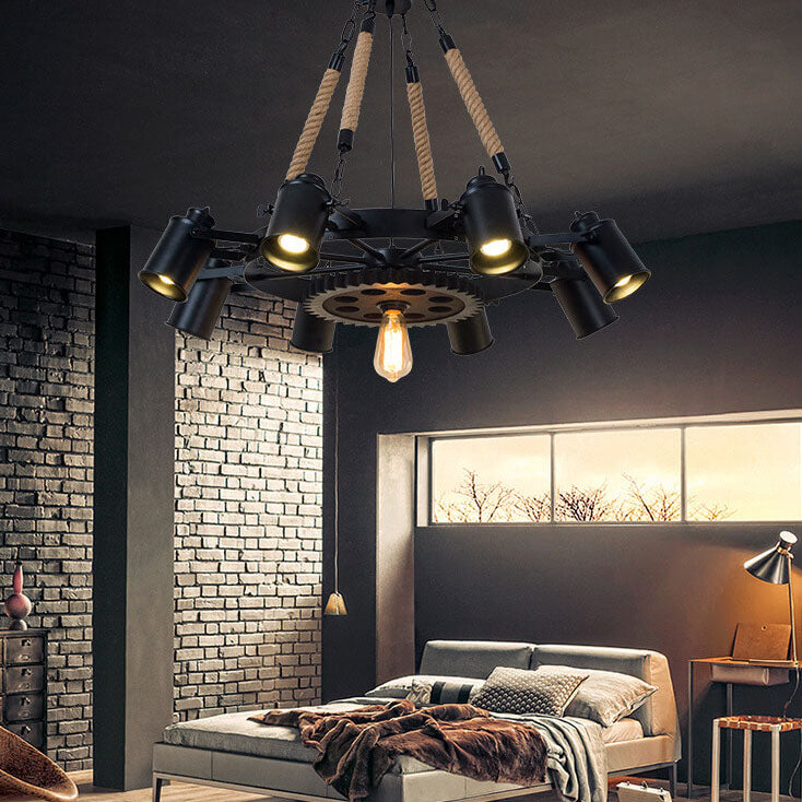 Industrial Retro Gear Wrought Ion Hemp Rope 6/8/10-Light Chandelier