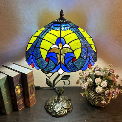 Traditional Tiffany Resin Glass Dome Conic Flower Leaf 1-Light Table Lamp For Bedside
