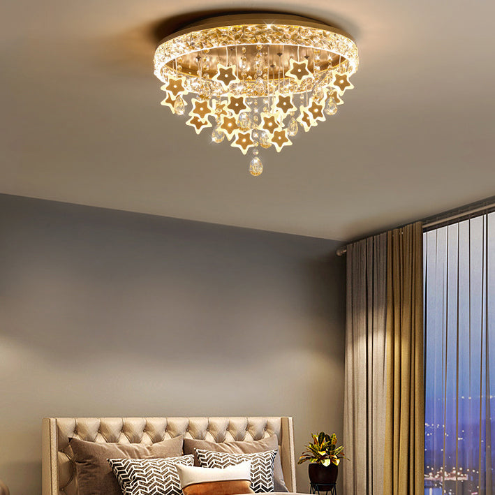 Contemporary Nordic Kids Iron Acrylic Crystal Round Star Pendant LED Flush Mount Ceiling Light For Bedroom