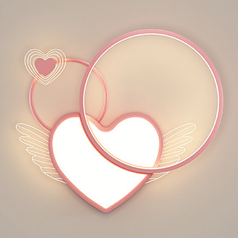 Modern Art Deco Heart Wings Round Acrylic Iron LED Flush Mount Ceiling Light For Bedroom