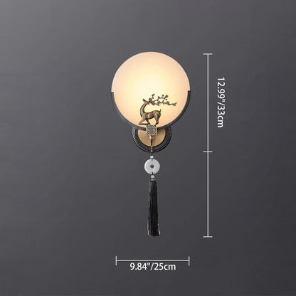 Traditional Chinese Round Deer Marble Copper LED Wall Sconce Lamp For Living Room