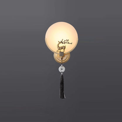 Traditional Chinese Round Deer Marble Copper LED Wall Sconce Lamp For Living Room