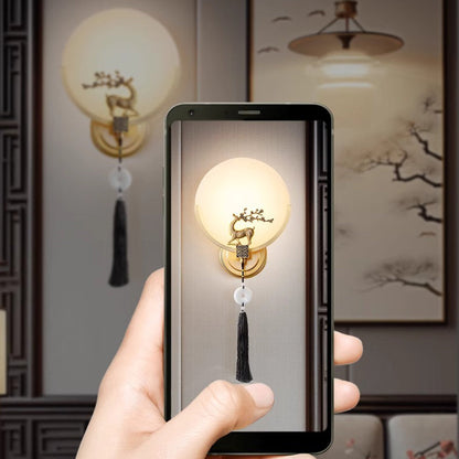 Traditional Chinese Round Deer Marble Copper LED Wall Sconce Lamp For Living Room