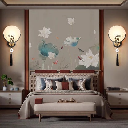 Traditional Chinese Round Deer Marble Copper LED Wall Sconce Lamp For Living Room
