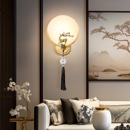 Traditional Chinese Round Deer Marble Copper LED Wall Sconce Lamp For Living Room