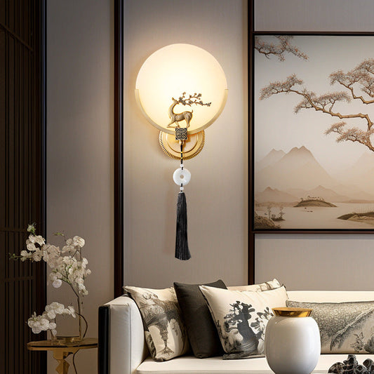 Traditional Chinese Round Deer Marble Copper LED Wall Sconce Lamp For Living Room