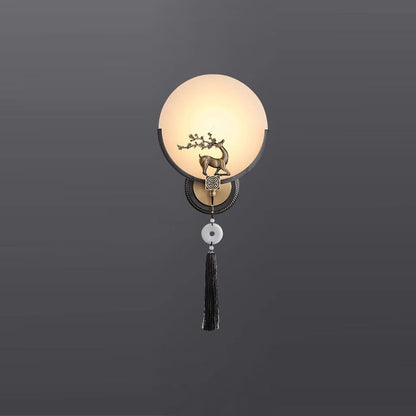 Traditional Chinese Round Deer Marble Copper LED Wall Sconce Lamp For Living Room