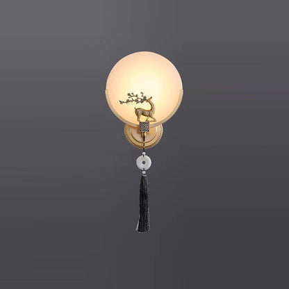 Traditional Chinese Round Deer Marble Copper LED Wall Sconce Lamp For Living Room