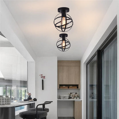 Vintage Wrought Iron Spherical  Cage 1-Light Semi-Flush Mount Ceiling Light