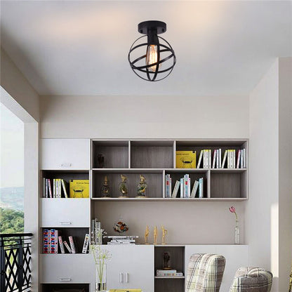 Vintage Wrought Iron Spherical  Cage 1-Light Semi-Flush Mount Ceiling Light