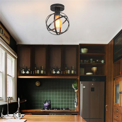 Vintage Wrought Iron Spherical  Cage 1-Light Semi-Flush Mount Ceiling Light