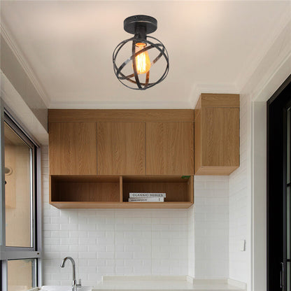 Vintage Wrought Iron Spherical  Cage 1-Light Semi-Flush Mount Ceiling Light