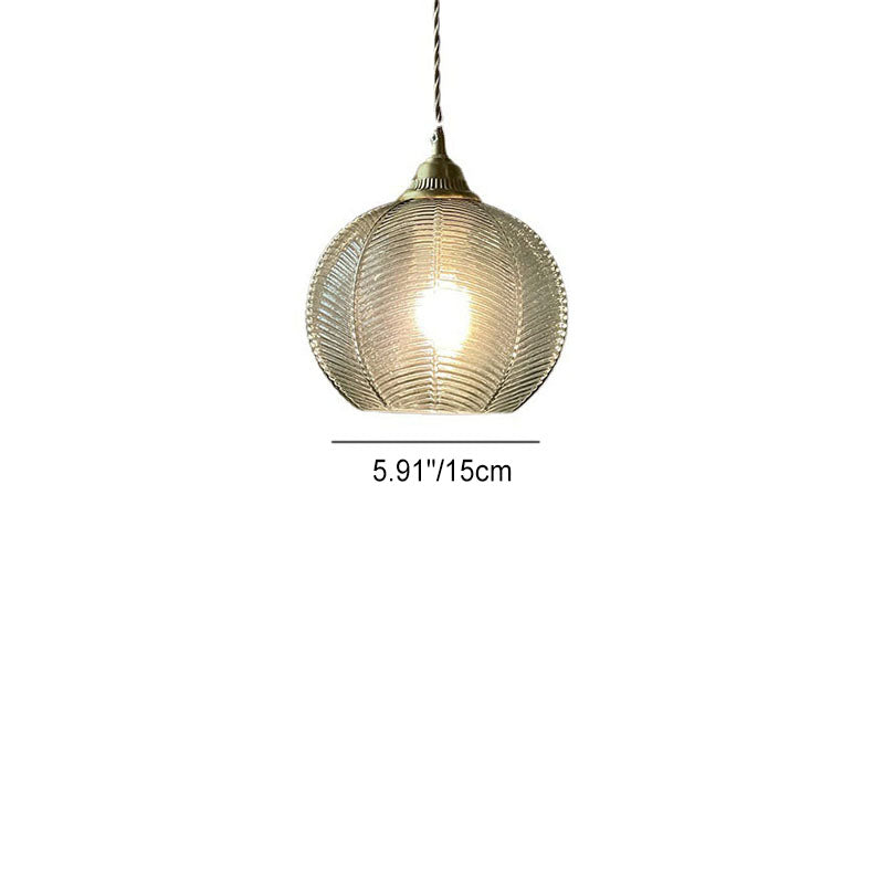 Contemporary Creative Round All Brass Striped Glass 1-Light Pendant Light For Living Room