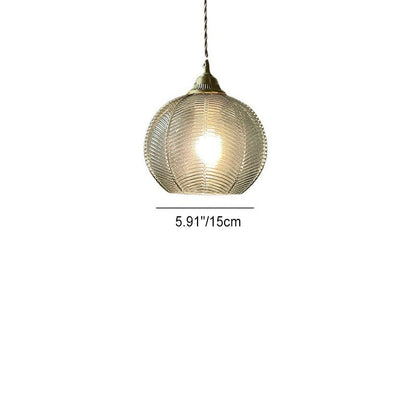 Contemporary Creative Round All Brass Striped Glass 1-Light Pendant Light For Living Room