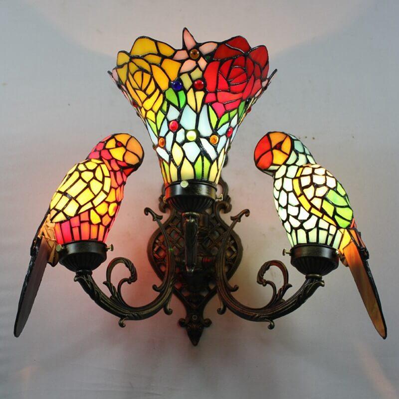 Tiffany Parrot Stained Glass 3-Light Wall Sconce Lamp