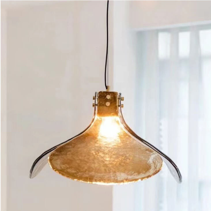 Vintage Amber Glass Floral Brass 1-Light Pendant Light