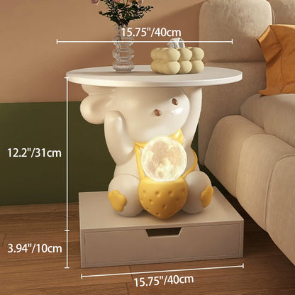 Modern Art Deco Kids Rabbit Round Plate Rectangular Drawer Resin Wood Enamel End Table 1-Drawer With LED Light For Bedroom
